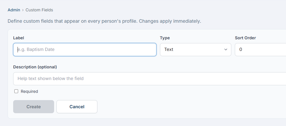 Custom Fields admin page showing field definitions with types and options