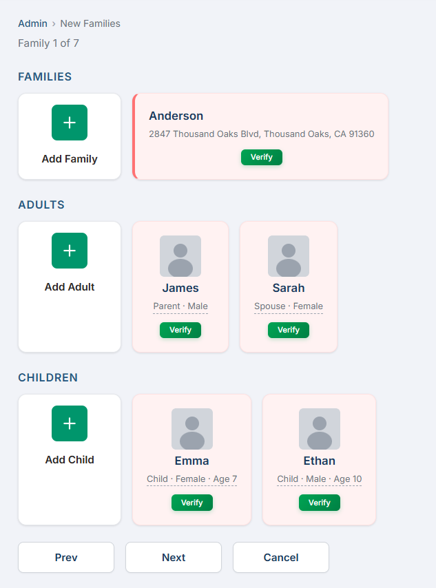 Family verification screen showing unverified records with pink background and green Verify buttons