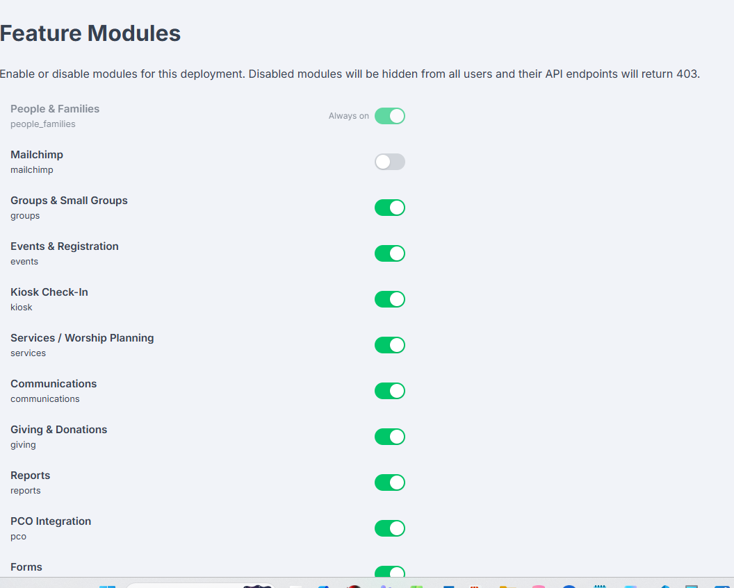 Feature Modules page showing toggle switches for each module