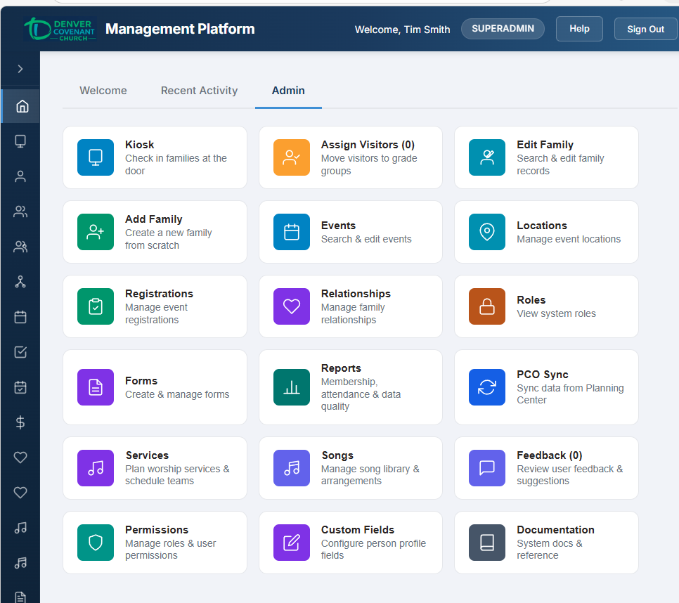 Church Management Platform admin dashboard showing all module tiles including Kiosk, Events, Forms, Reports, Services, Permissions, and more