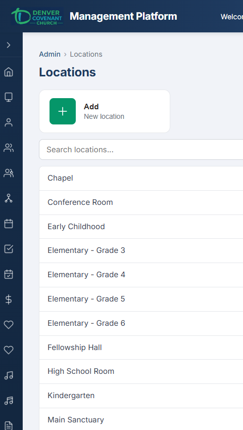 Locations admin page showing list-and-edit layout