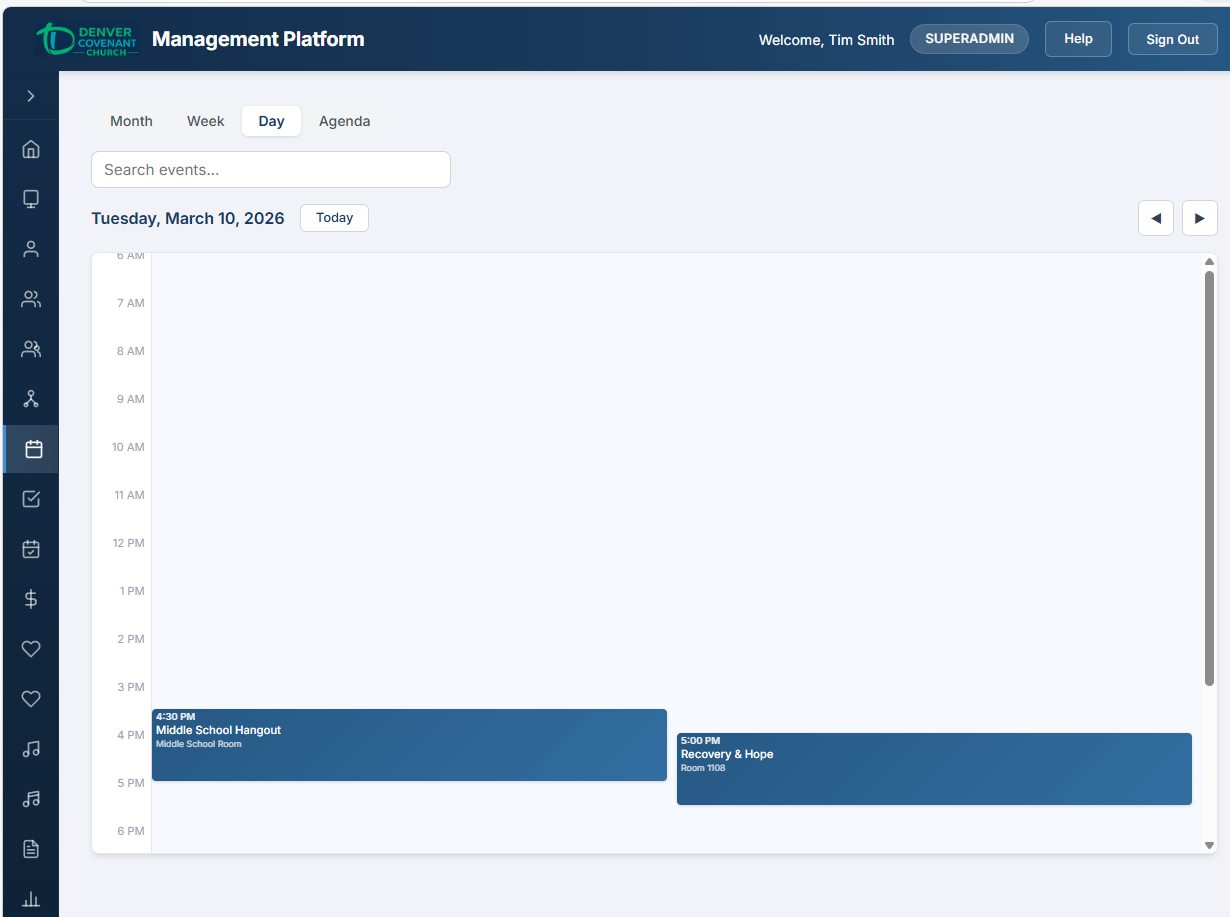 Day view showing a single-column time grid with events