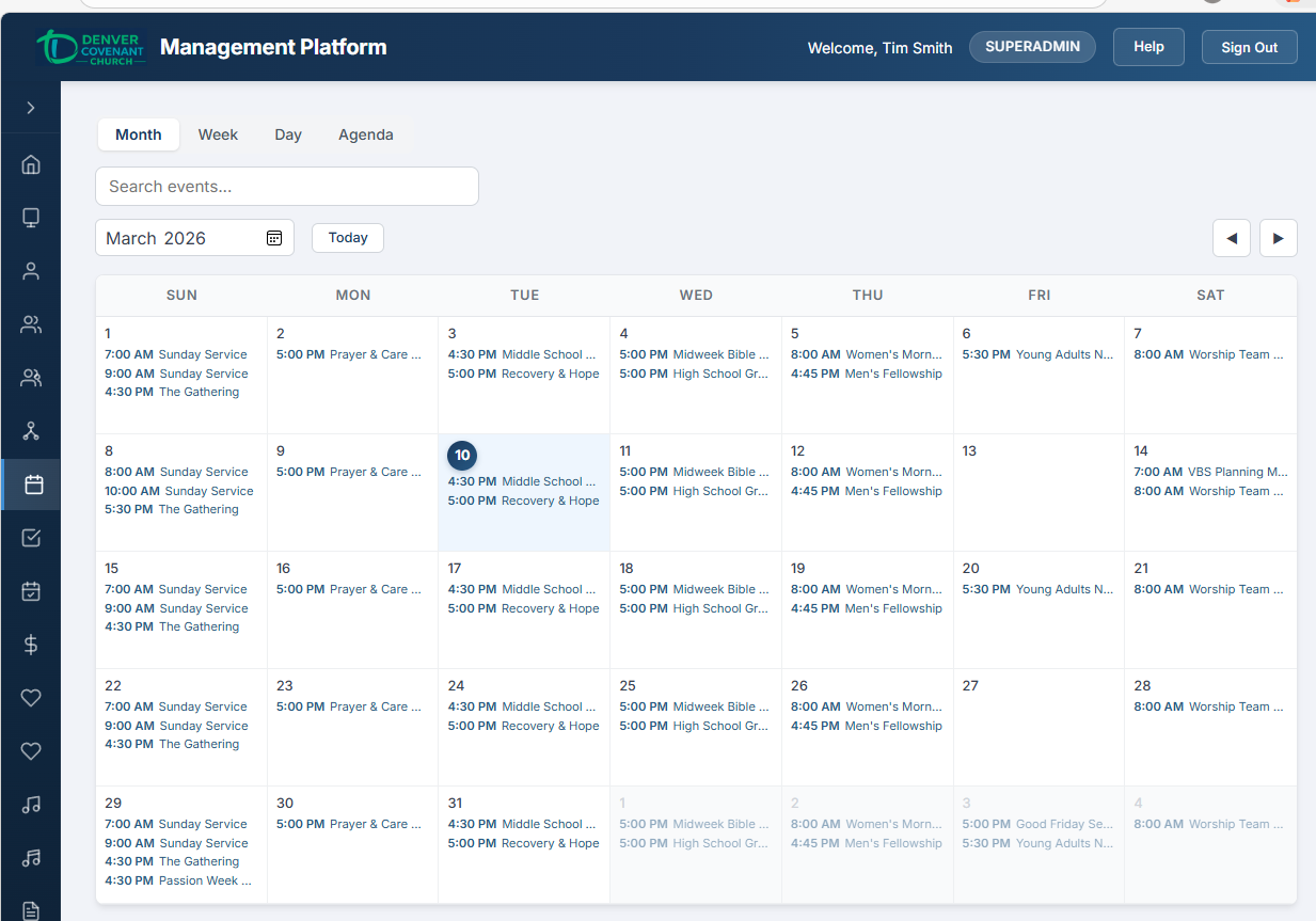Month view showing colored event chips on a calendar grid