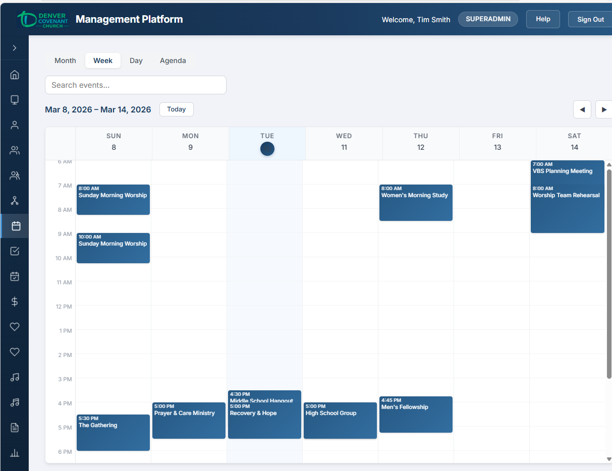 Week view with event blocks positioned on a 7-column time grid