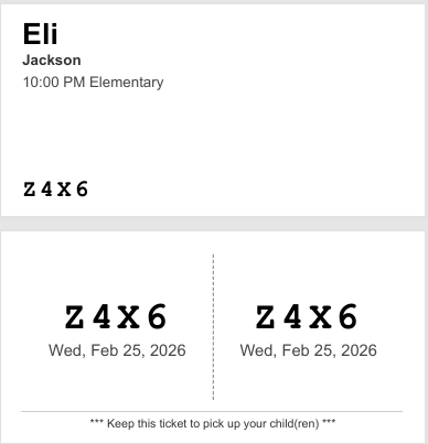 Printed check-in label showing child name, event, security code, and parent pickup ticket