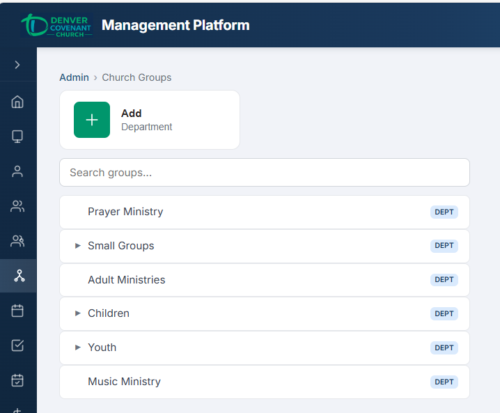 Church Group Tree showing departments, areas, and groups in a collapsible hierarchy