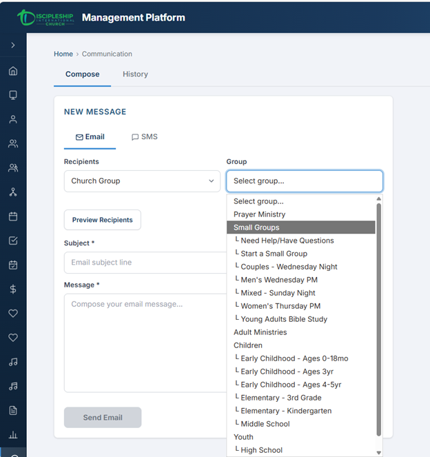 Communications compose tab with email channel selected