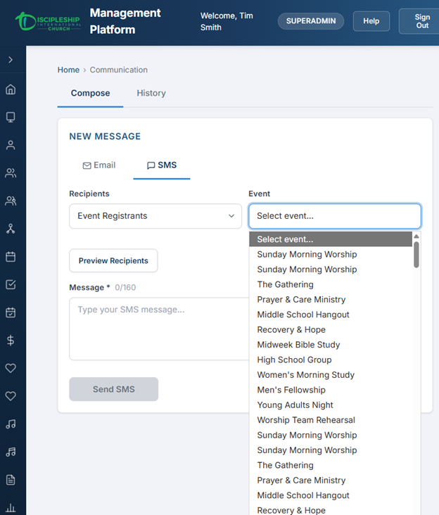 Compose tab in SMS mode with 160-character counter