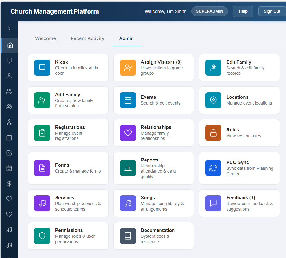 Dashboard Admin tab showing summary tiles and administrative action cards