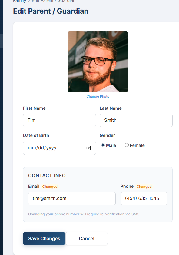 Edit Person page showing Contact Info section with email Unverified badge and phone Verified badge