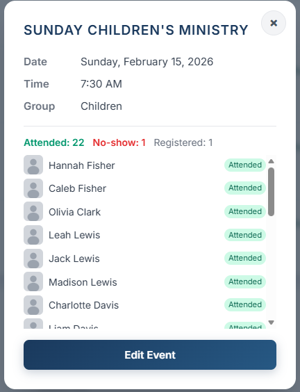 Event detail modal showing attendance counts, attendee list with Attended badges, and no-show indicator