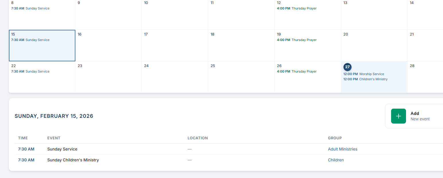 Calendar with a day selected and the event list expanded below showing Time, Event, Location, and Group columns