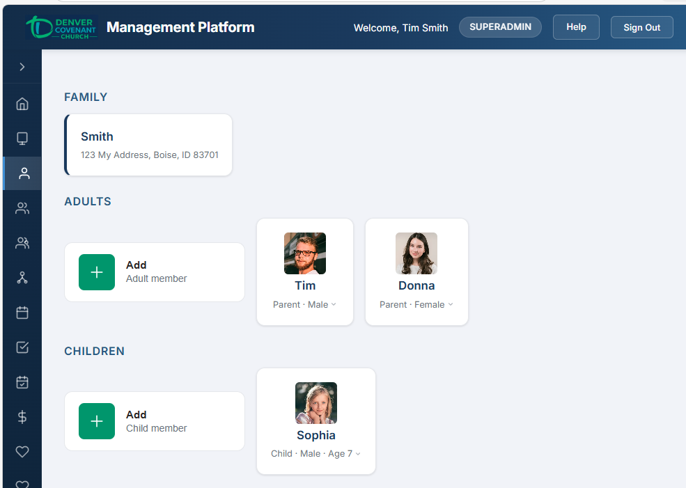 Family page showing adult and children tiles with photos, names, and details