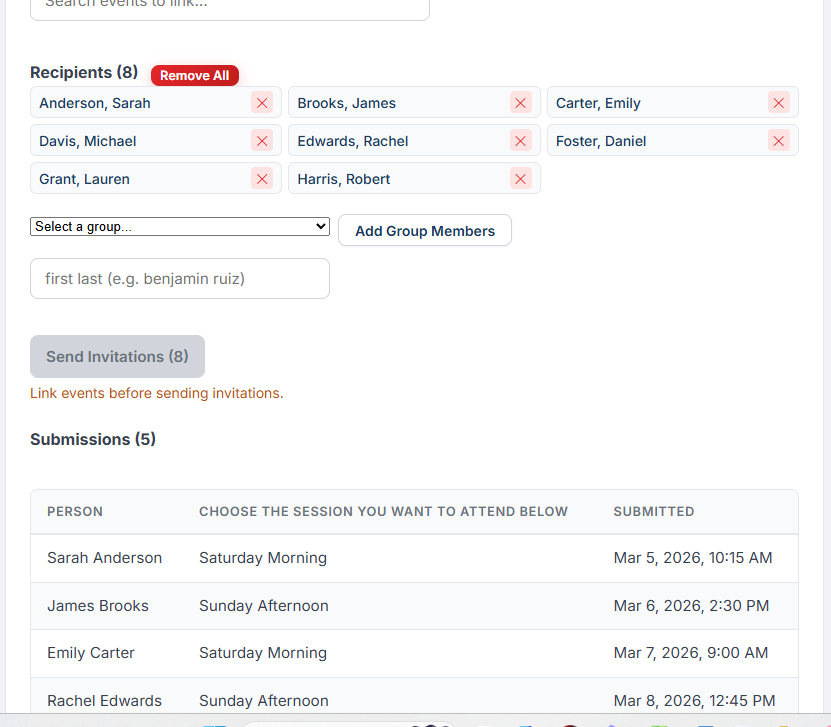 Form recipients grid and submissions table