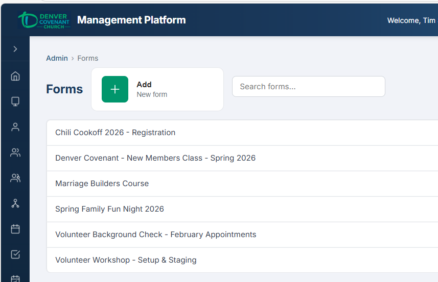 Form Builder showing title, required fields, and custom field types