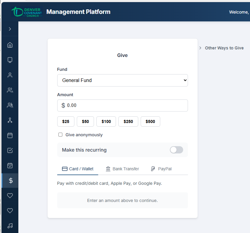 Give page with fund selection and payment options