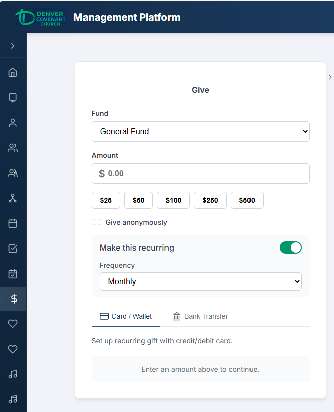 Give page with recurring gift toggle