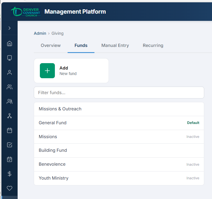 Fund management tab with list-and-edit layout