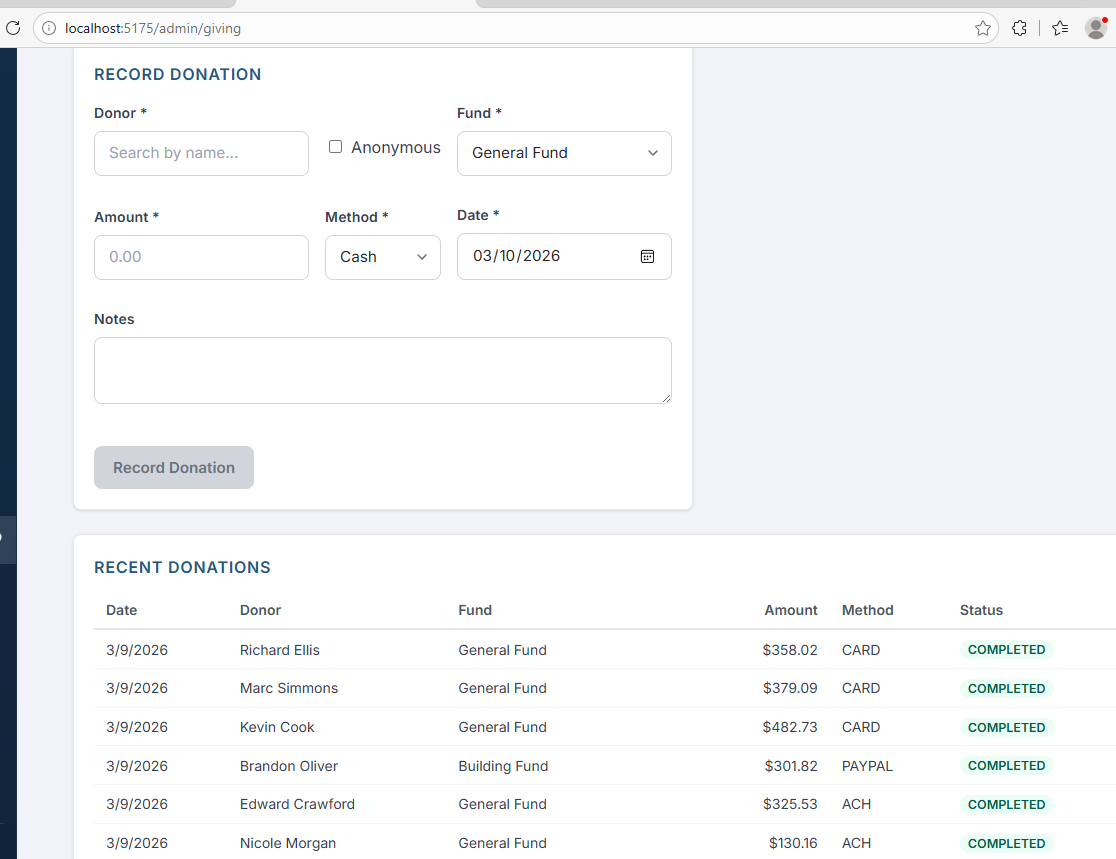 Recent donations table with donor, fund, amount, method, and status