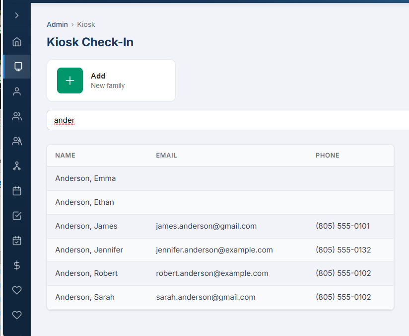 Admin Kiosk search page with Add Family button and search results