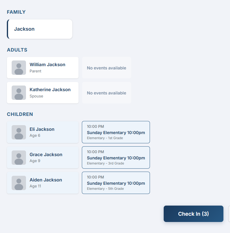 Kiosk check-in screen showing family members with available events