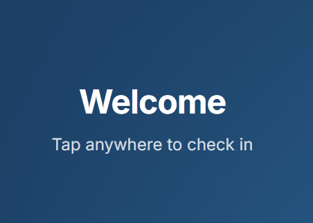 Kiosk welcome screen showing bold Welcome text on blue gradient background