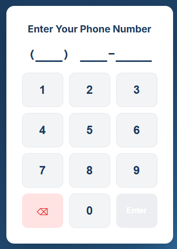 Kiosk phone entry keypad showing large touch-friendly number buttons