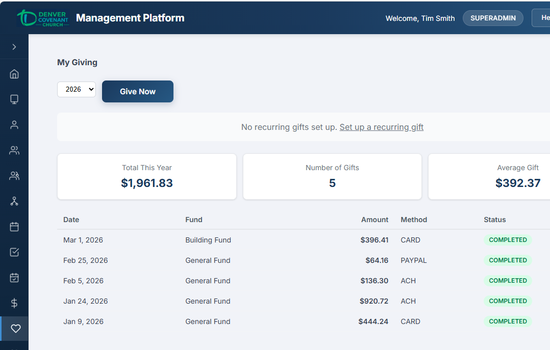 My Giving history page