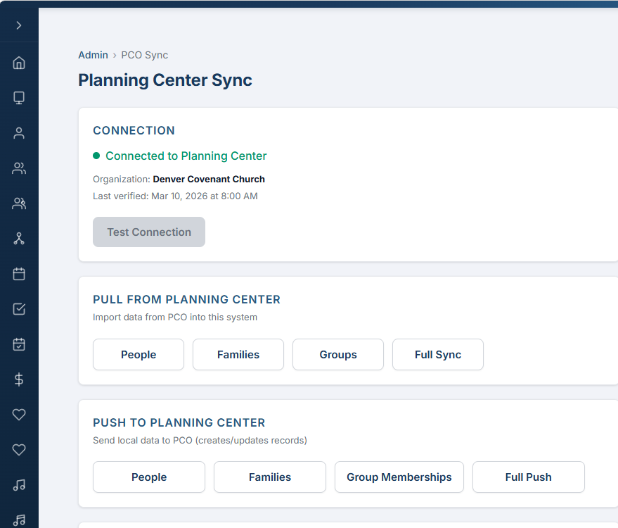 PCO Sync connection card showing App ID and Secret status with Test Connection button