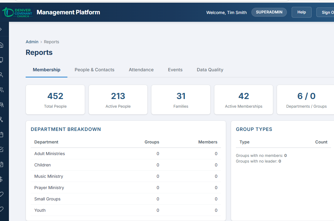 Reports Membership Overview tab showing stat cards, department breakdown, and group types