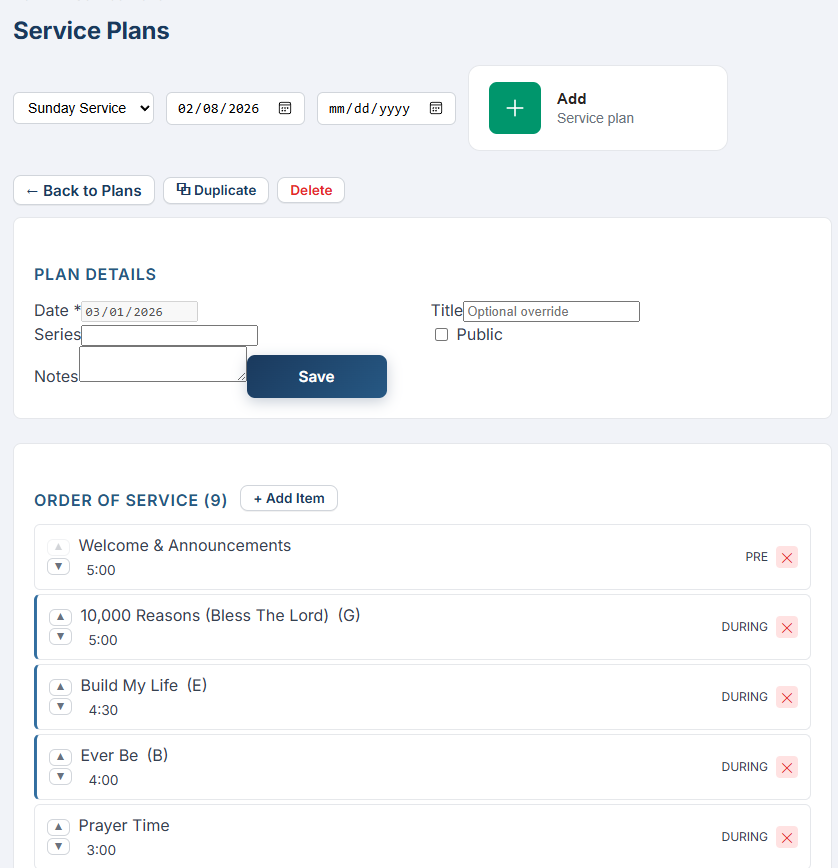 Service Plan with order of service and team assignments