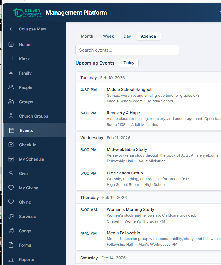 Agenda view with expanded sidebar showing all module navigation and chronological event list