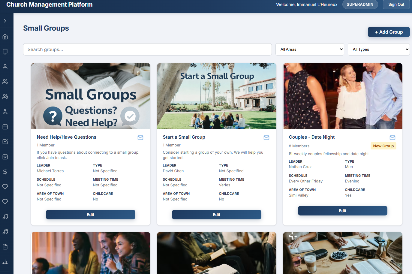 Small Groups browsing page showing group cards with photos, descriptions, and meeting details